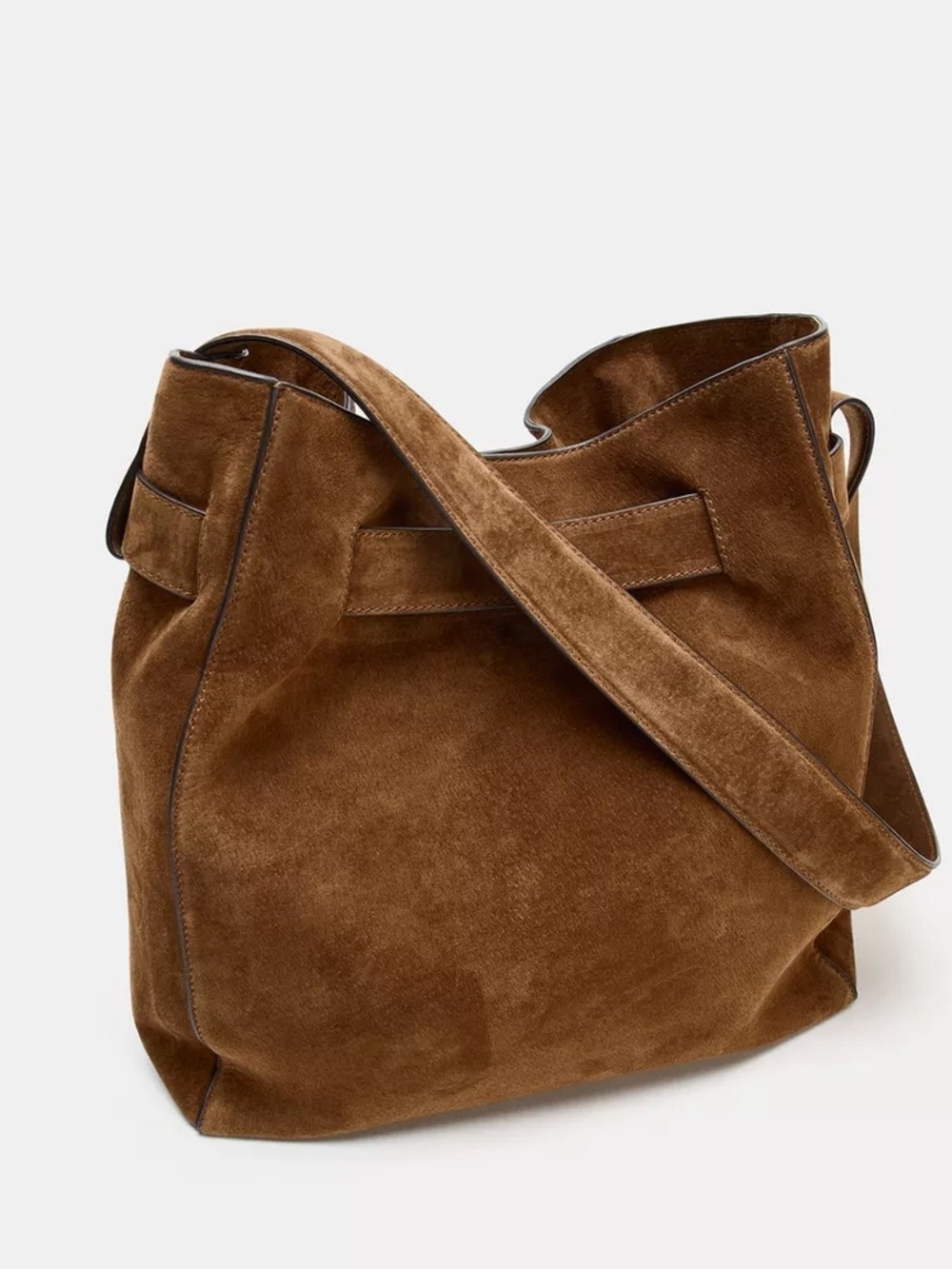 Suede 100% real leather Bucket Shoulder Bag in Brown with Belt detail - Picture 3 of 7